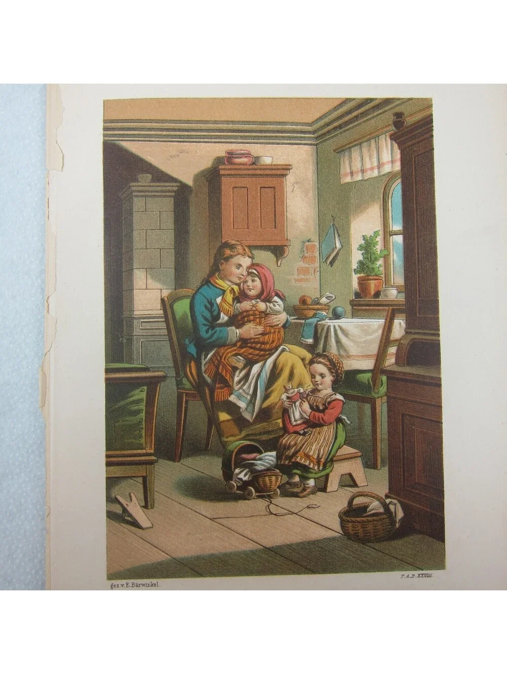 Antique Color Lithograph Print Mother Holds Baby Girl Plays Doll 1800s Art RARE